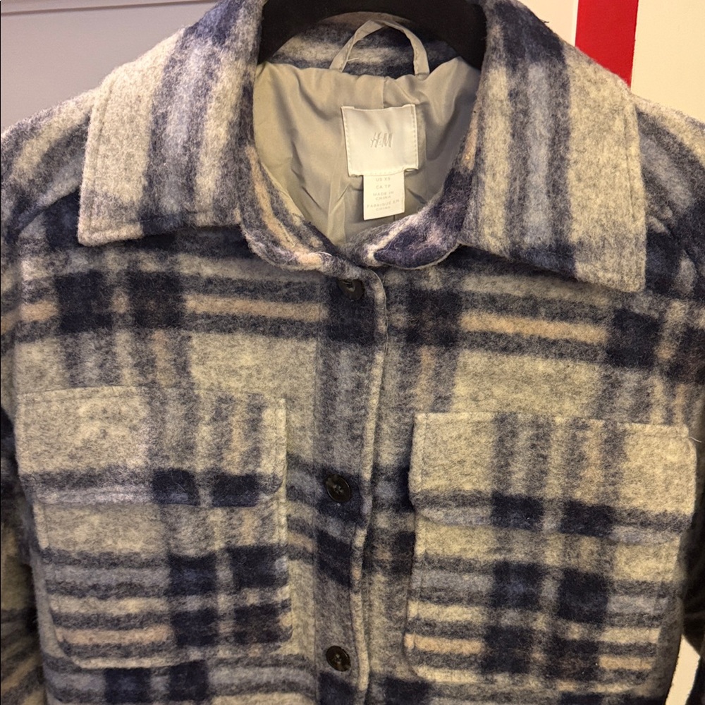 H&M Cream and Blue Plaid Teddy Jacket